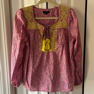 J. Crew Pink Peasant Blouse with Yellow Embroidered Yoke